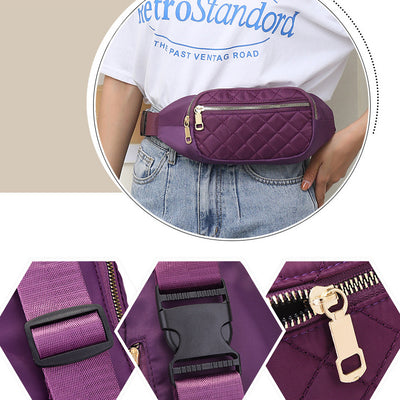 Trendy women’s nylon fanny pack with multiple pockets. Lightweight, durable crossbody waist bag perfect for running, hiking, cycling, and travel.