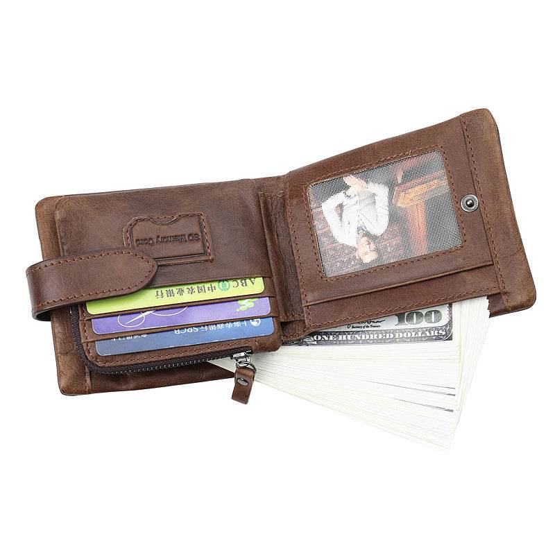 Men’s Vintage Leather Wallet – First Layer Cowhide Short Wallet with Zipper & Buckle - grabzbags.com