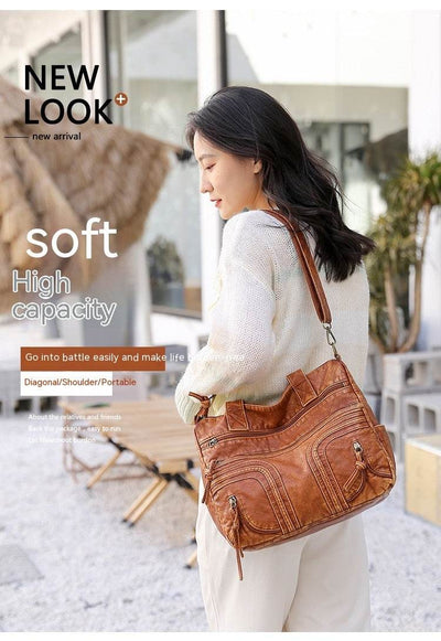 Women’s Retro Washed Leather Shoulder Bag – Stylish Minimalist & Lightweight Handbag - grabzbags.com