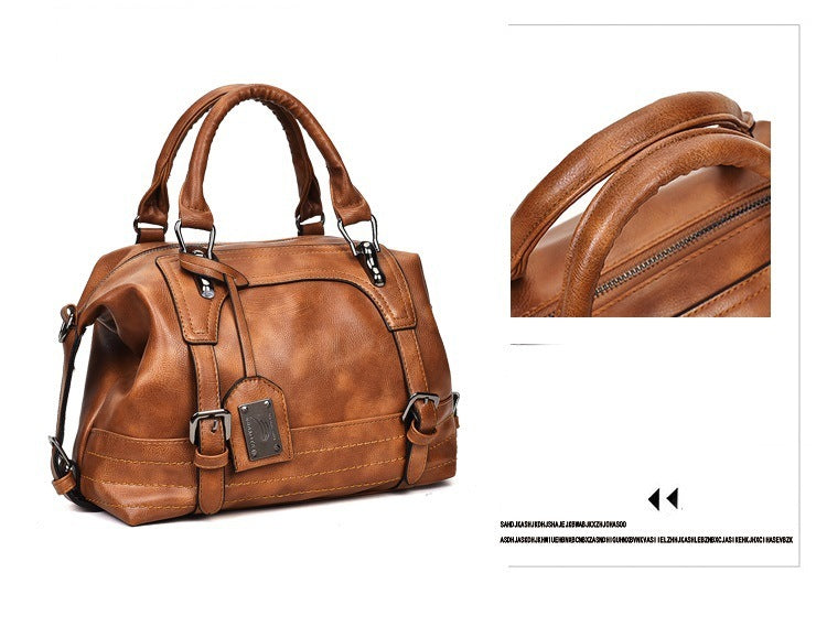 European & American Style PU Leather Boston Bag for Women – Large Retro Handbag with Belt Decoration, Trendy Cross-Border Fashion Tote