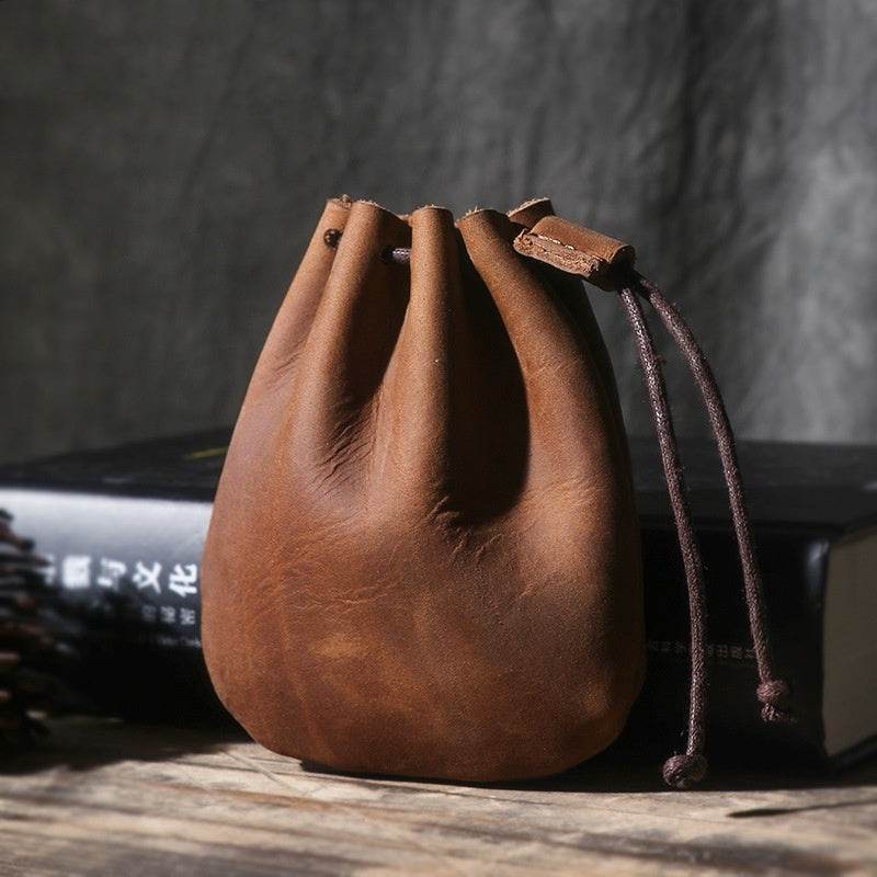 Vintage Cowhide Drawstring Wallet – Genuine Leather Pouch-Style Coin Purse - grabzbags.com