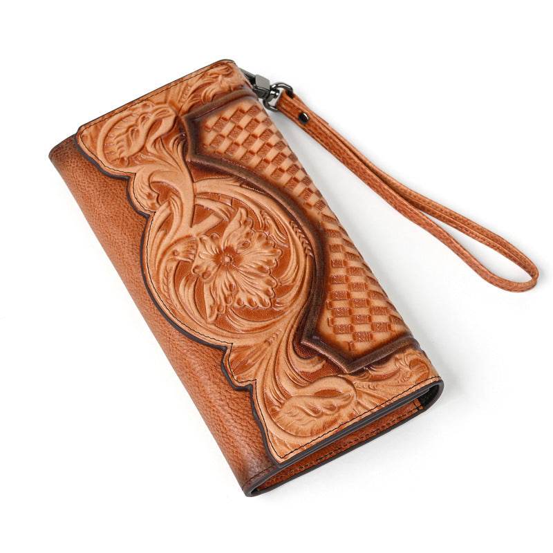 Premium Chinese Style Embossed Long Wallet – Top Grain Cowhide Leather Fashion Purse for Women - grabzbags.com