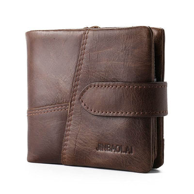 Men’s Vintage Leather Wallet – First Layer Cowhide Short Wallet with Zipper & Buckle - grabzbags.com