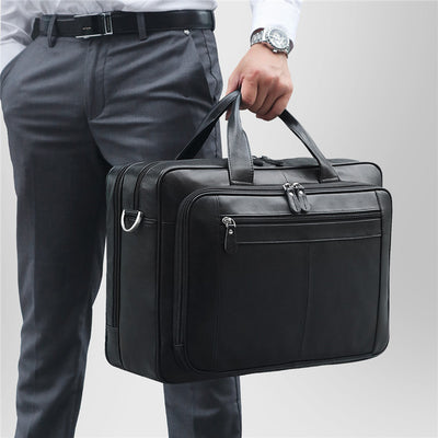 Men’s Nappa Leather Briefcase – 17-Inch Laptop Handbag & Shoulder Messenger Bag, Black & Brown