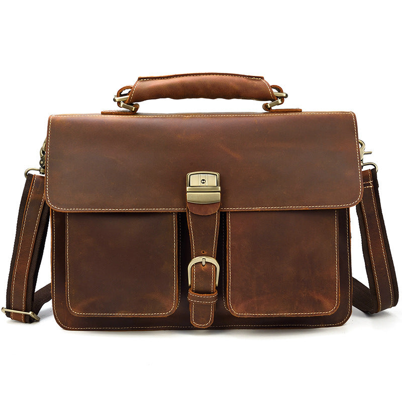 Men’s Genuine Cowhide Leather Briefcase – 15-Inch Laptop Bag with Zipper Compartments, Dark Brown & Brown