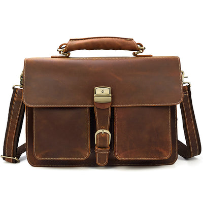 Men’s Genuine Cowhide Leather Briefcase – 15-Inch Laptop Bag with Zipper Compartments, Dark Brown & Brown