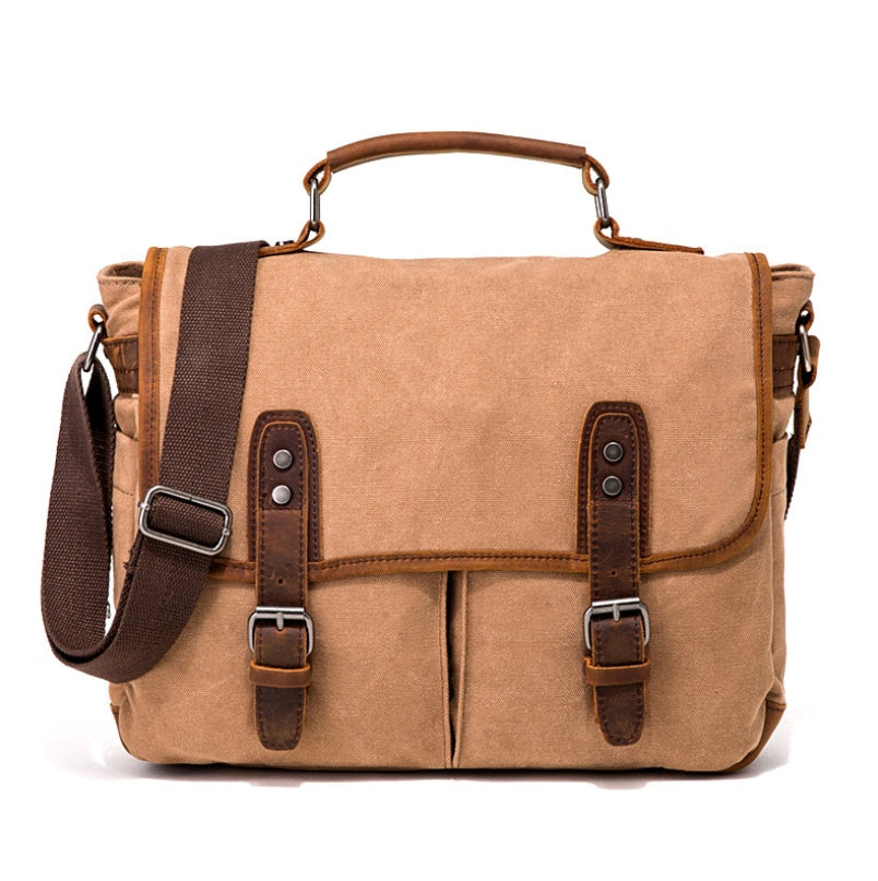 Horse Leather Retro Canvas Briefcase – Laptop Bag with Multiple Compartments, Crossbody & Shoulder Carry, Khaki/Black/Brown/Army Green