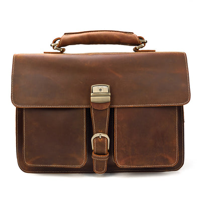 Men’s Genuine Cowhide Leather Briefcase – 15-Inch Laptop Bag with Zipper Compartments, Dark Brown & Brown