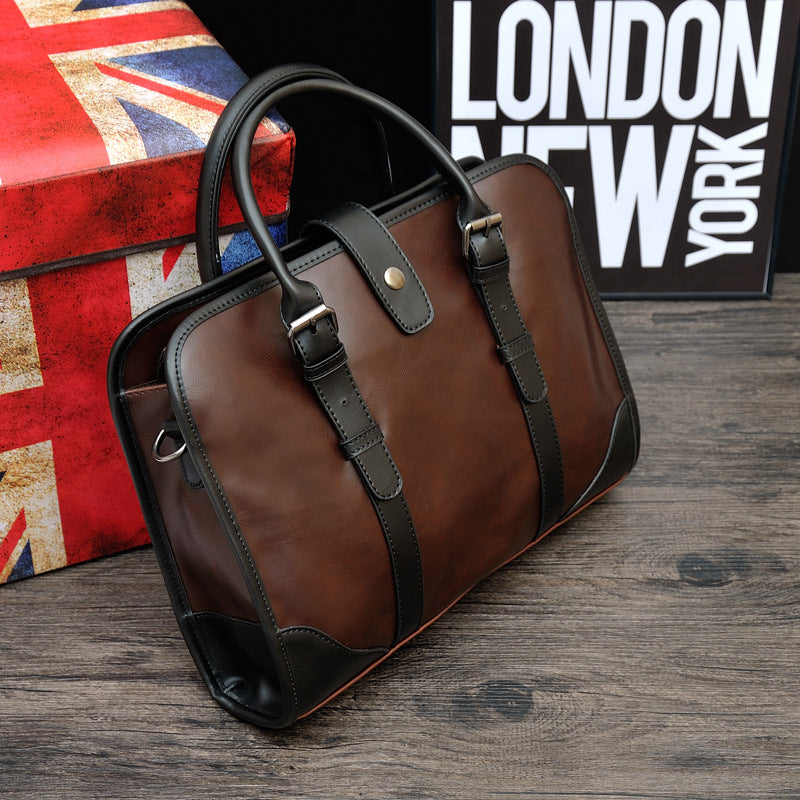 Retro PU Leather One-Shoulder Briefcase – Medium Horizontal Square Men’s Handbag, 13-Inch Laptop Bag