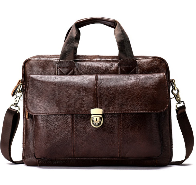 Men’s Genuine Leather Business Briefcase – Classic Cowhide Office Handbag for Work & Travel