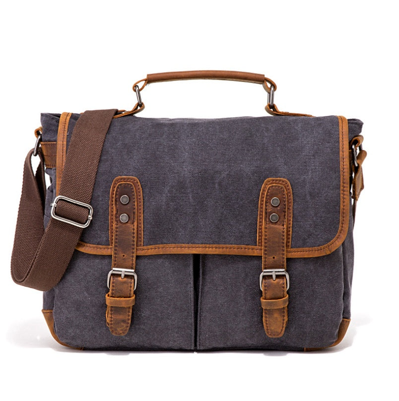 Horse Leather Retro Canvas Briefcase – Laptop Bag with Multiple Compartments, Crossbody & Shoulder Carry, Khaki/Black/Brown/Army Green