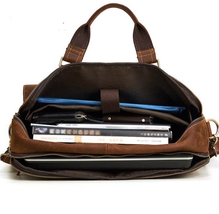 Men’s Genuine Leather Business Briefcase – Retro Cowhide Laptop Bag (Fits 15.6-Inch) with Crossbody Strap - grabzbags.com