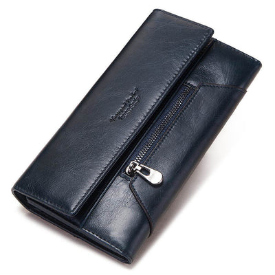 Women's Long Cowhide Leather Wallet – RFID-Blocking Handbag with Multiple Card Slots & Coin Pocket - grabzbags.com