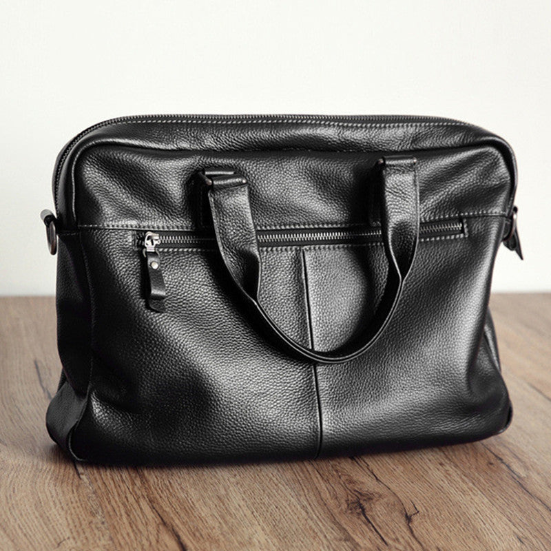 Men’s Genuine Cowhide Leather Briefcase – 15-Inch Laptop Bag with Zipper Compartments & Business Organizer