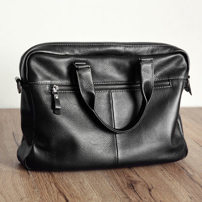 Men’s Genuine Cowhide Leather Briefcase – 15-Inch Laptop Bag with Zipper Compartments & Business Organizer