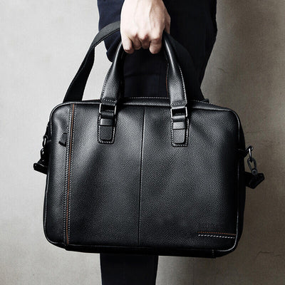 Men’s Genuine Cowhide Leather Briefcase – 15-Inch Laptop Bag with Zipper Compartments & Business Organizer