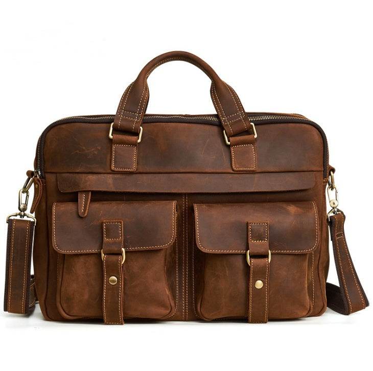 Men’s Genuine Leather Business Briefcase – Retro Cowhide Laptop Bag (Fits 15.6-Inch) with Crossbody Strap - grabzbags.com