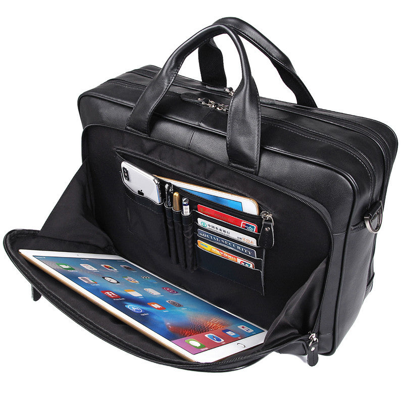 Men’s Nappa Leather Briefcase – 17-Inch Laptop Handbag & Shoulder Messenger Bag, Black & Brown