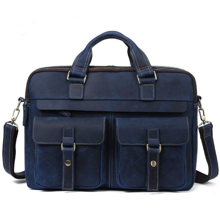 Men’s Genuine Leather Business Briefcase – Retro Cowhide Laptop Bag (Fits 15.6-Inch) with Crossbody Strap - grabzbags.com