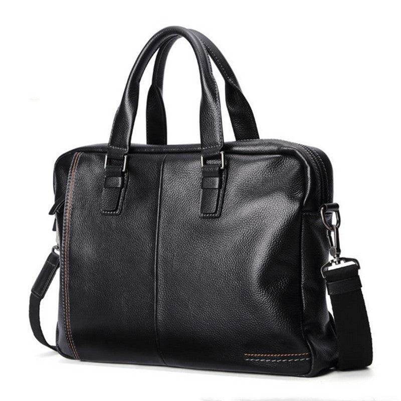 Men’s Genuine Cowhide Leather Briefcase – 15-Inch Laptop Bag with Zipper Compartments & Business Organizer