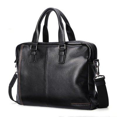 Men’s Genuine Cowhide Leather Briefcase – 15-Inch Laptop Bag with Zipper Compartments & Business Organizer