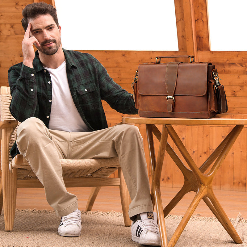Men’s Italian Cow Leather Business Briefcase – Professional Office Laptop Bag, Brown