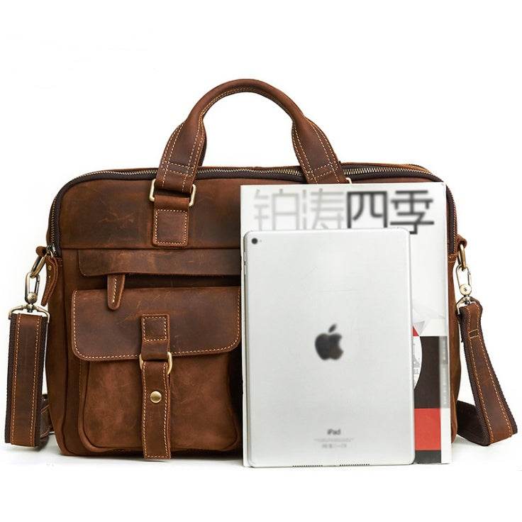 Men’s Genuine Leather Business Briefcase – Retro Cowhide Laptop Bag (Fits 15.6-Inch) with Crossbody Strap - grabzbags.com