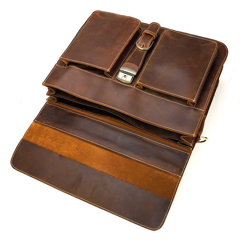 Men’s Genuine Cowhide Leather Briefcase – 15-Inch Laptop Bag with Zipper Compartments, Dark Brown & Brown