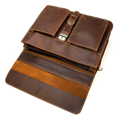 Men’s Genuine Cowhide Leather Briefcase – 15-Inch Laptop Bag with Zipper Compartments, Dark Brown & Brown