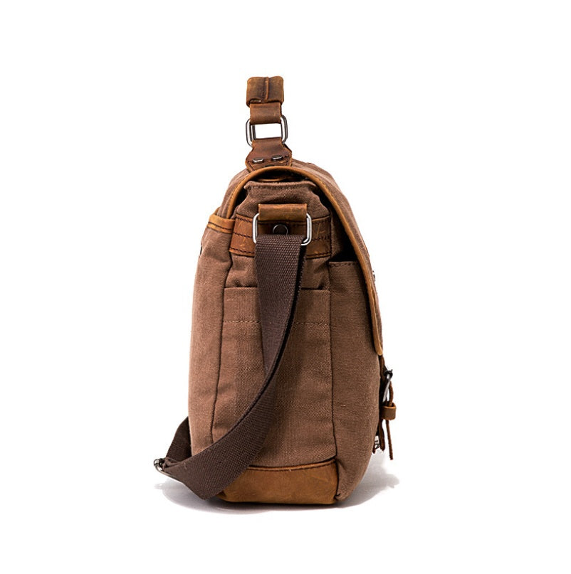 Horse Leather Retro Canvas Briefcase – Laptop Bag with Multiple Compartments, Crossbody & Shoulder Carry, Khaki/Black/Brown/Army Green