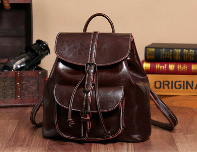 Women’s Korean Style Cowhide Backpack – Drawstring Pocket Leather Bag - grabzbags.com