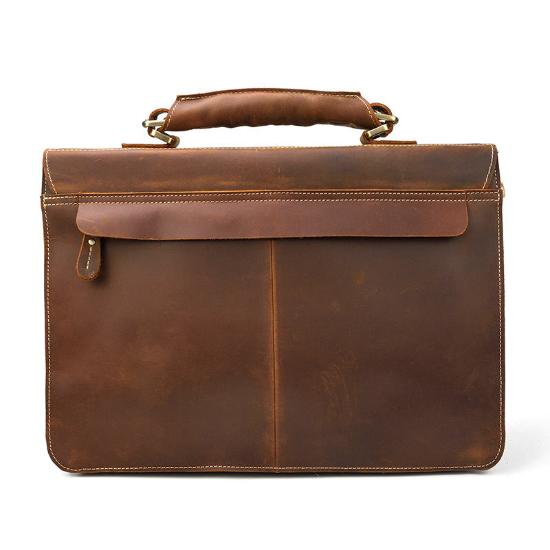 Men’s Genuine Cowhide Leather Briefcase – 15-Inch Laptop Bag with Zipper Compartments, Dark Brown & Brown
