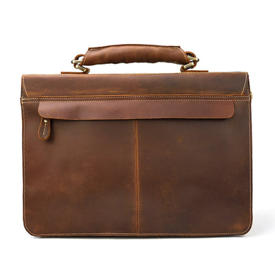 Men’s Genuine Cowhide Leather Briefcase – 15-Inch Laptop Bag with Zipper Compartments, Dark Brown & Brown