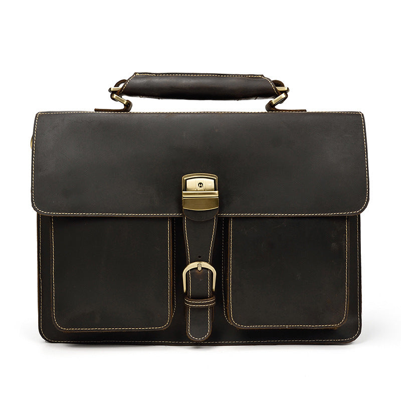Men’s Genuine Cowhide Leather Briefcase – 15-Inch Laptop Bag with Zipper Compartments, Dark Brown & Brown