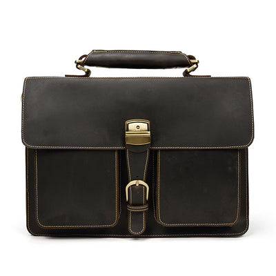 Men’s Genuine Cowhide Leather Briefcase – 15-Inch Laptop Bag with Zipper Compartments, Dark Brown & Brown