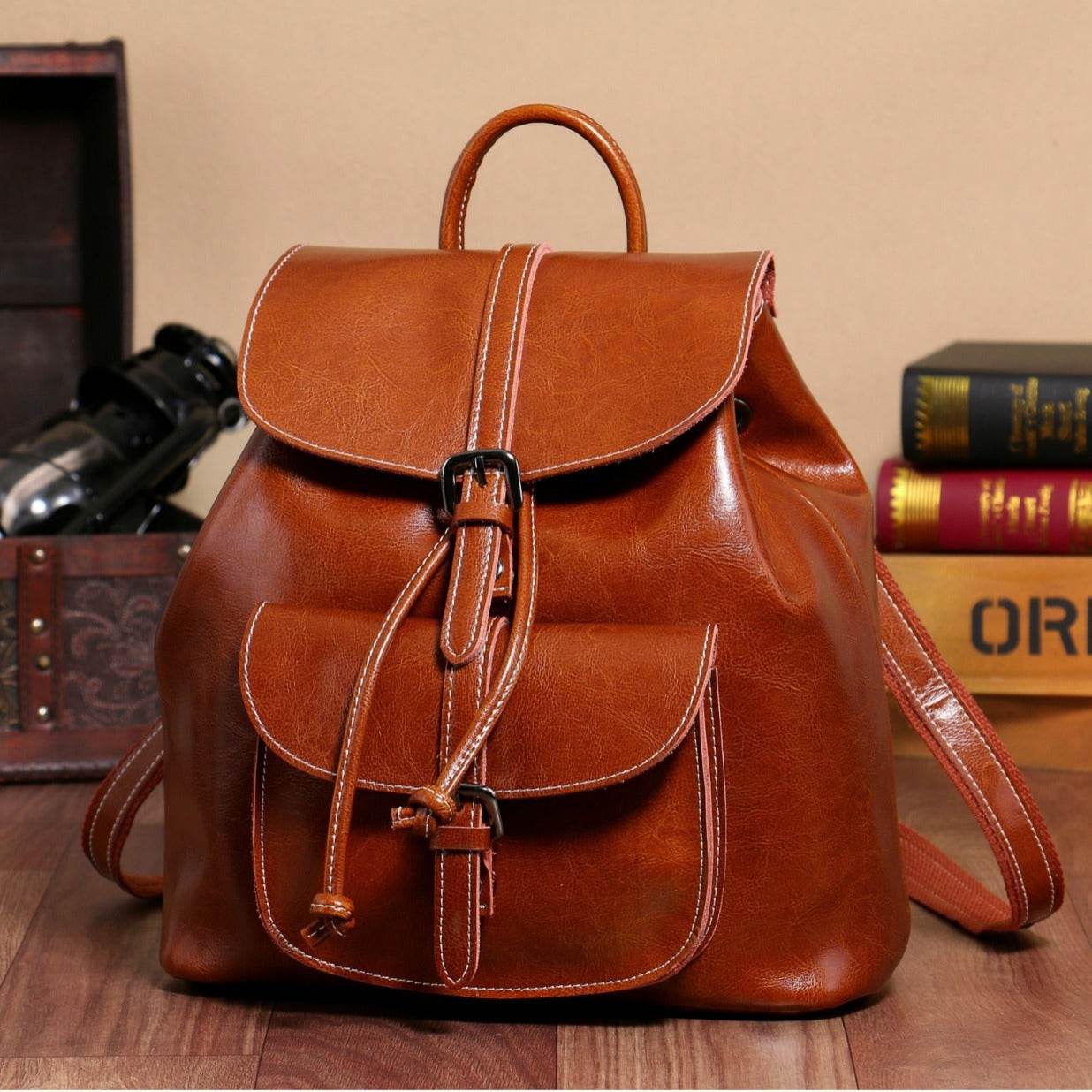 Women’s Korean Style Cowhide Backpack – Drawstring Pocket Leather Bag - grabzbags.com