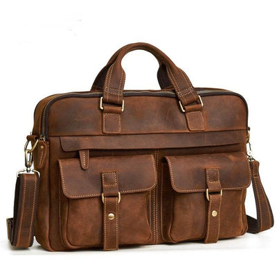 Men’s Genuine Leather Business Briefcase – Retro Cowhide Laptop Bag (Fits 15.6-Inch) with Crossbody Strap - grabzbags.com