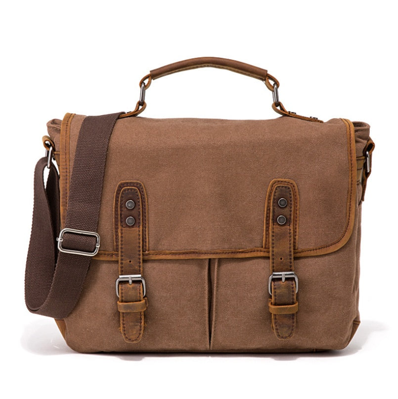 Horse Leather Retro Canvas Briefcase – Laptop Bag with Multiple Compartments, Crossbody & Shoulder Carry, Khaki/Black/Brown/Army Green