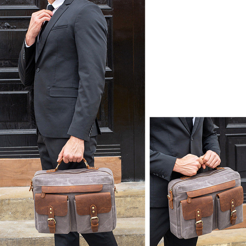 Cowhide & Canvas Briefcase – Horizontal Square Laptop Handbag for Men & Women, 15-Inch Computer Bag