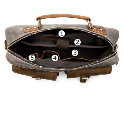 Cowhide & Canvas Briefcase – Horizontal Square Laptop Handbag for Men & Women, 15-Inch Computer Bag