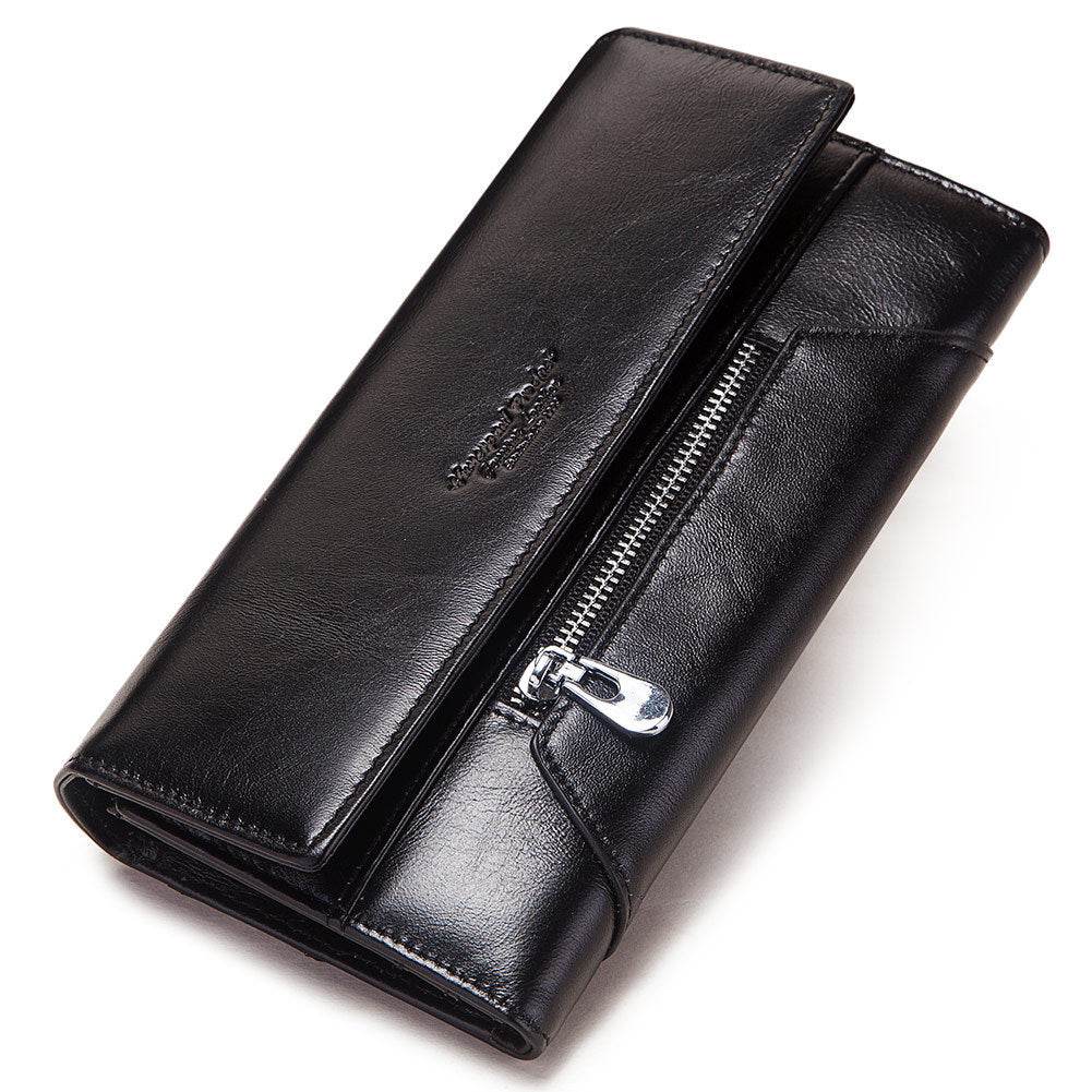 Women's Long Cowhide Leather Wallet – RFID-Blocking Handbag with Multiple Card Slots & Coin Pocket - grabzbags.com