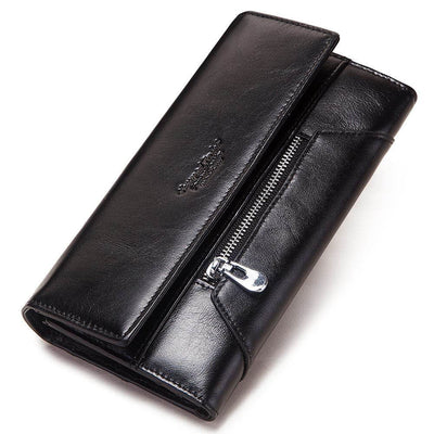 Women's Long Cowhide Leather Wallet – RFID-Blocking Handbag with Multiple Card Slots & Coin Pocket - grabzbags.com