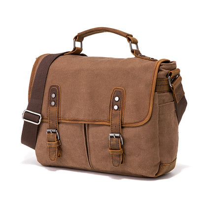 Horse Leather Retro Canvas Briefcase – Laptop Bag with Multiple Compartments, Crossbody & Shoulder Carry, Khaki/Black/Brown/Army Green