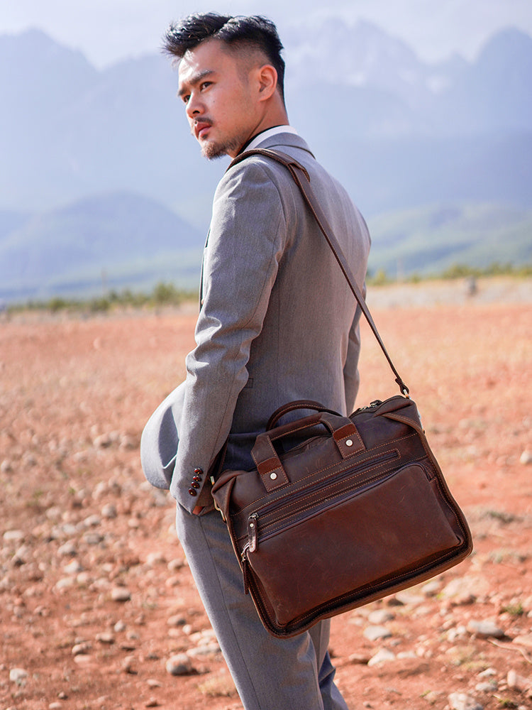 Men’s Vintage Leather Laptop Briefcase – Cowhide Crossbody Bag