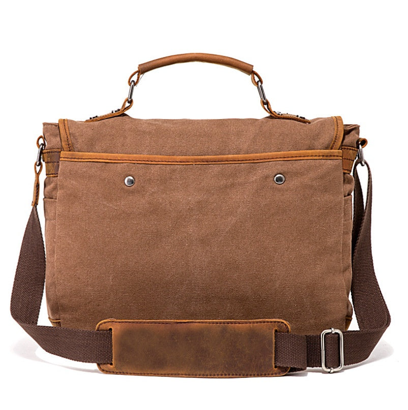 Horse Leather Retro Canvas Briefcase – Laptop Bag with Multiple Compartments, Crossbody & Shoulder Carry, Khaki/Black/Brown/Army Green