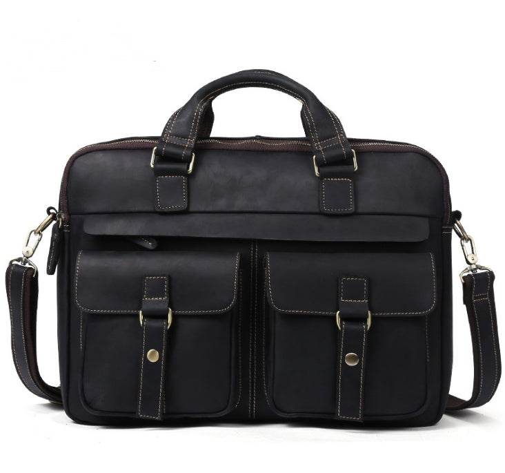 Men’s Genuine Leather Business Briefcase – Retro Cowhide Laptop Bag (Fits 15.6-Inch) with Crossbody Strap - grabzbags.com