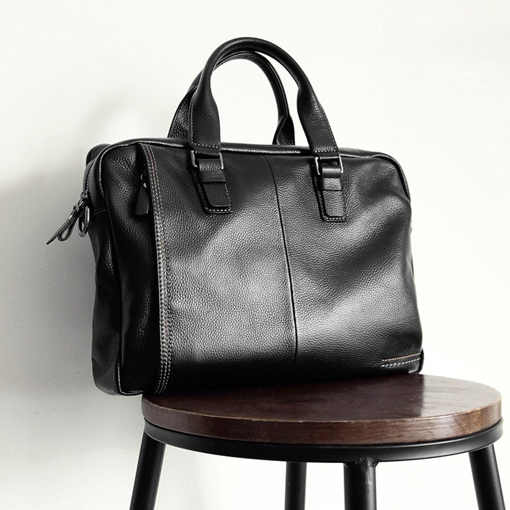 Men’s Genuine Cowhide Leather Briefcase – 15-Inch Laptop Bag with Zipper Compartments & Business Organizer