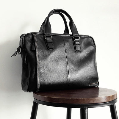 Men’s Genuine Cowhide Leather Briefcase – 15-Inch Laptop Bag with Zipper Compartments & Business Organizer