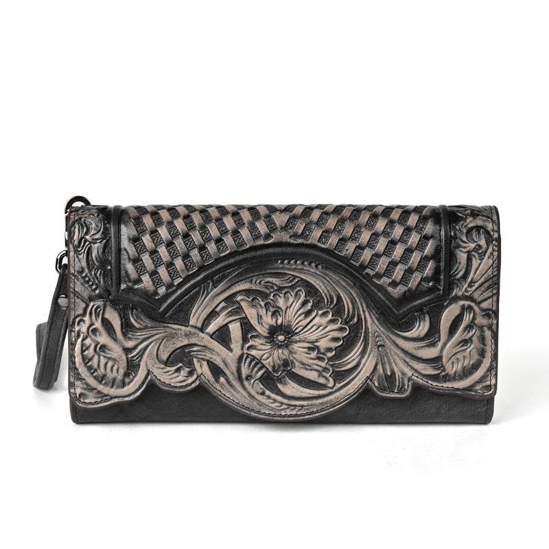 Premium Chinese Style Embossed Long Wallet – Top Grain Cowhide Leather Fashion Purse for Women - grabzbags.com