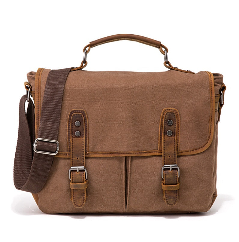 Horse Leather Retro Canvas Briefcase – Laptop Bag with Multiple Compartments, Crossbody & Shoulder Carry, Khaki/Black/Brown/Army Green